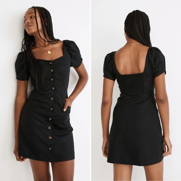 Madewell Linen Cotton Puff Sleeve Mini Dress 4 black minimalist button front - Picture 1 of 13